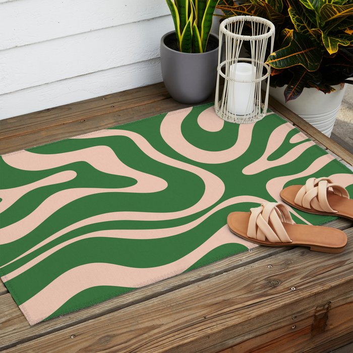 Retro Liquid Candy Swirl Abstract Pattern in Green and Blush Pink  Outdoor Rug Gallery Image 2