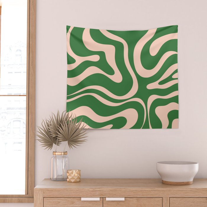 Retro Liquid Candy Swirl Abstract Pattern in Green and Blush Pink  Wall Tapestry Gallery Image 2
