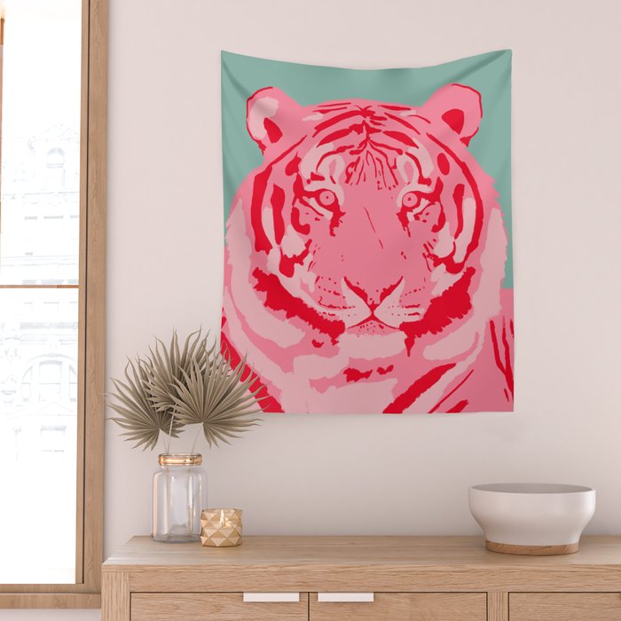 Tiger Pink & Teal Wall Tapestry Gallery Image 2