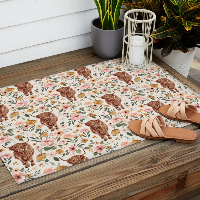 Cate & Rainn® Charlotte Floral Highland Cow Outdoor Rug Gallery Image 2