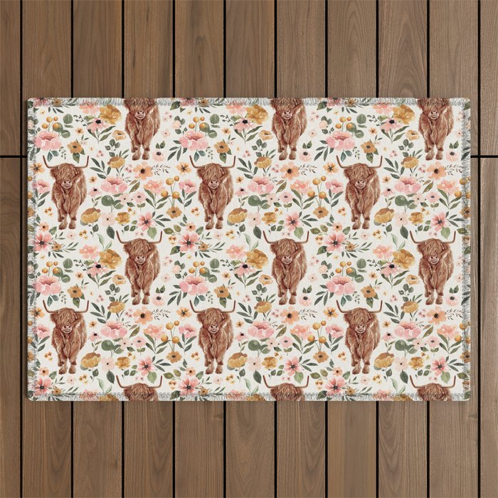 Cate & Rainn® Charlotte Floral Highland Cow Outdoor Rug Gallery Image 1