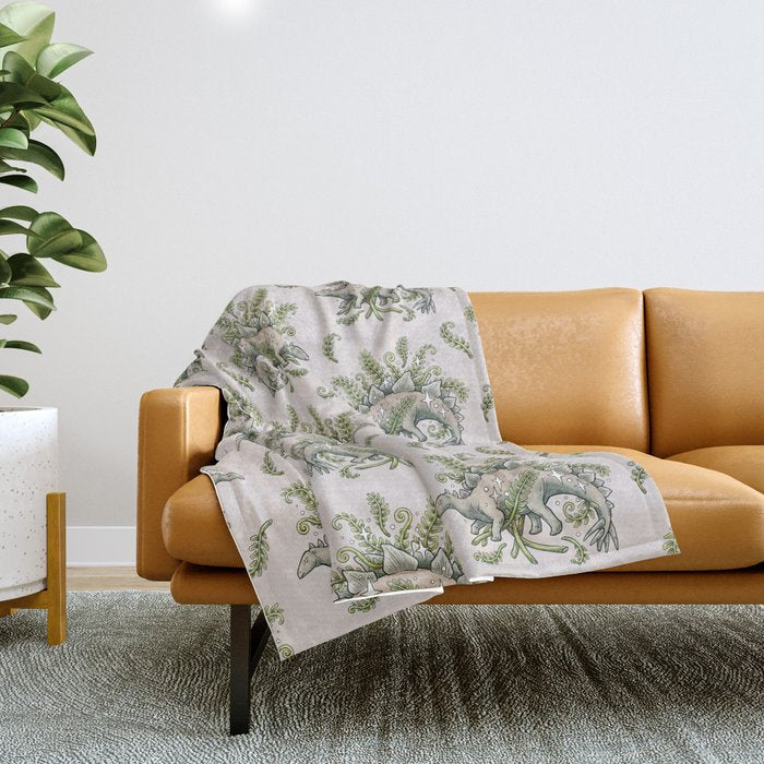 Stegosaurus & Ferns | Dinosaur Botanical Art Throw Blanket Gallery Image 1