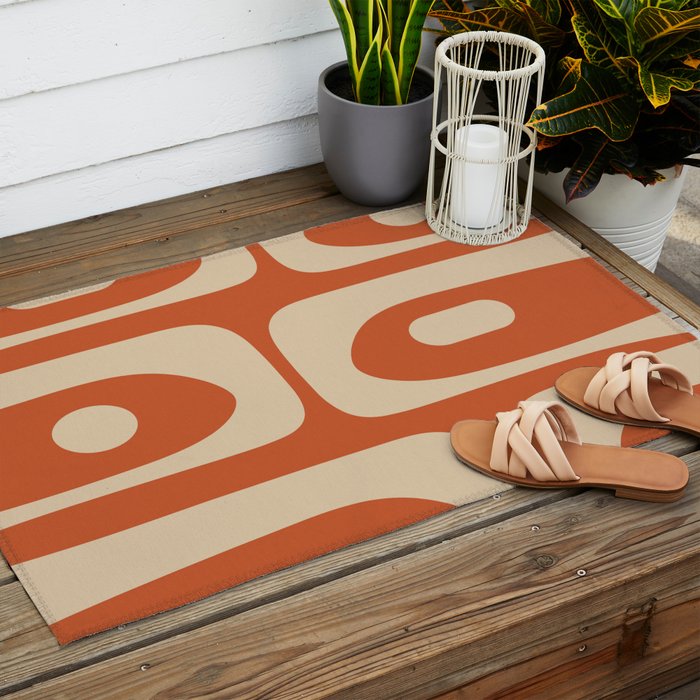 Mid Century Modern Piquet Abstract Pattern in Mid Mod Burnt Orange and Beige Outdoor Rug Gallery Image 2