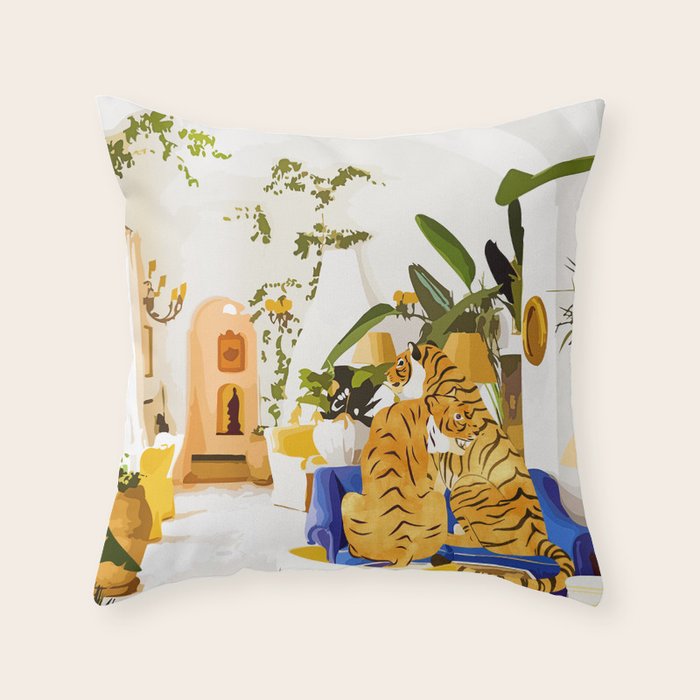 Tiger Reserve Villa | Bohemian Tropical Jungle Décor | Pastel Honeymoon Couple Love Wildlife Throw Pillow Gallery Image 1