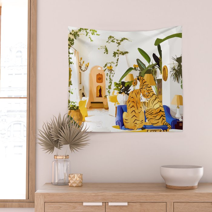 Tiger Reserve Villa | Bohemian Tropical Jungle Décor | Pastel Honeymoon Couple Love Wildlife Wall Tapestry Gallery Image 2