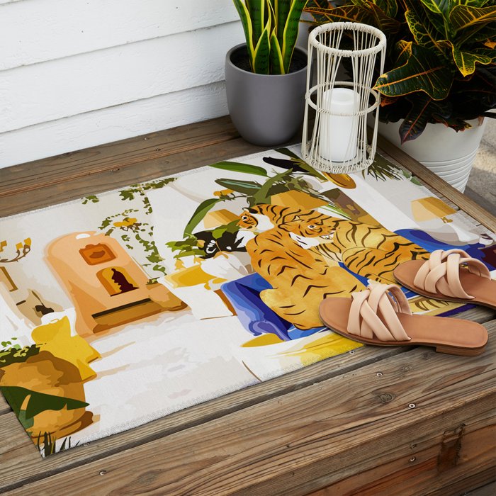 Tiger Reserve Villa | Bohemian Tropical Jungle Décor | Pastel Honeymoon Couple Love Wildlife Outdoor Rug Gallery Image 2