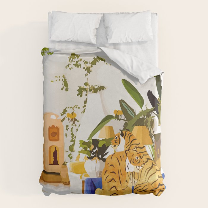 Tiger Reserve Villa | Bohemian Tropical Jungle Décor | Pastel Honeymoon Couple Love Wildlife Duvet Cover Gallery Image 1