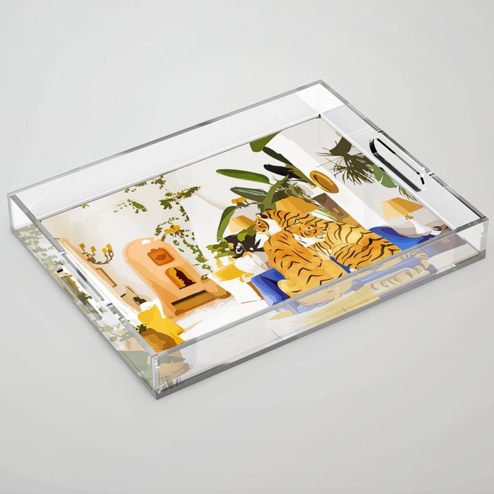 Tiger Reserve Villa | Bohemian Tropical Jungle Décor | Pastel Honeymoon Couple Love Wildlife Acrylic Tray Gallery Image 1
