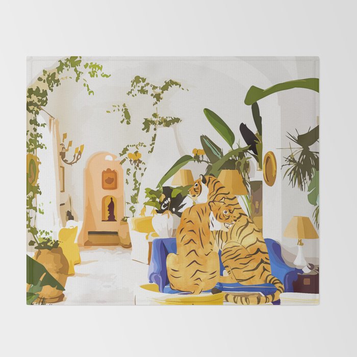 Tiger Reserve Villa | Bohemian Tropical Jungle Décor | Pastel Honeymoon Couple Love Wildlife Throw Blanket Gallery Image 2