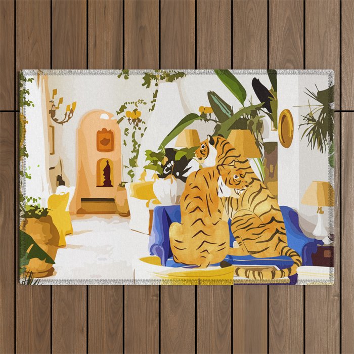 Tiger Reserve Villa | Bohemian Tropical Jungle Décor | Pastel Honeymoon Couple Love Wildlife Outdoor Rug Gallery Image 1