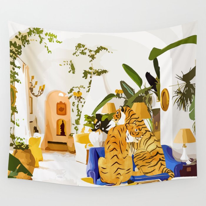 Tiger Reserve Villa | Bohemian Tropical Jungle Décor | Pastel Honeymoon Couple Love Wildlife Wall Tapestry Gallery Image 4