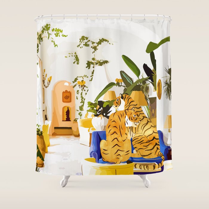 Tiger Reserve Villa | Bohemian Tropical Jungle Décor | Pastel Honeymoon Couple Love Wildlife Shower Curtain Gallery Image 1