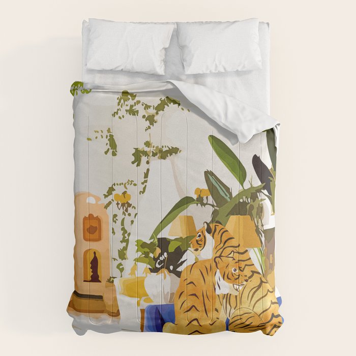 Tiger Reserve Villa | Bohemian Tropical Jungle Décor | Pastel Honeymoon Couple Love Wildlife Comforter Gallery Image 6