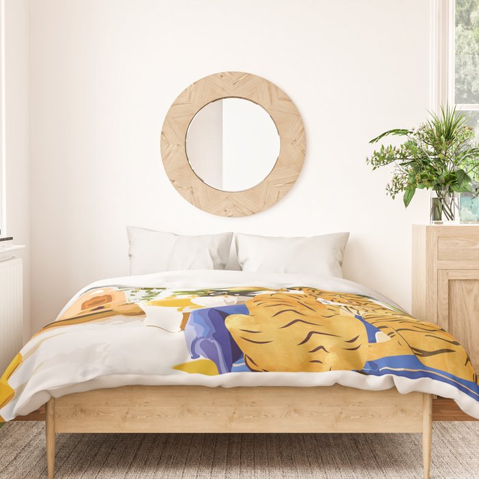 Tiger Reserve Villa | Bohemian Tropical Jungle Décor | Pastel Honeymoon Couple Love Wildlife Duvet Cover Gallery Image 3