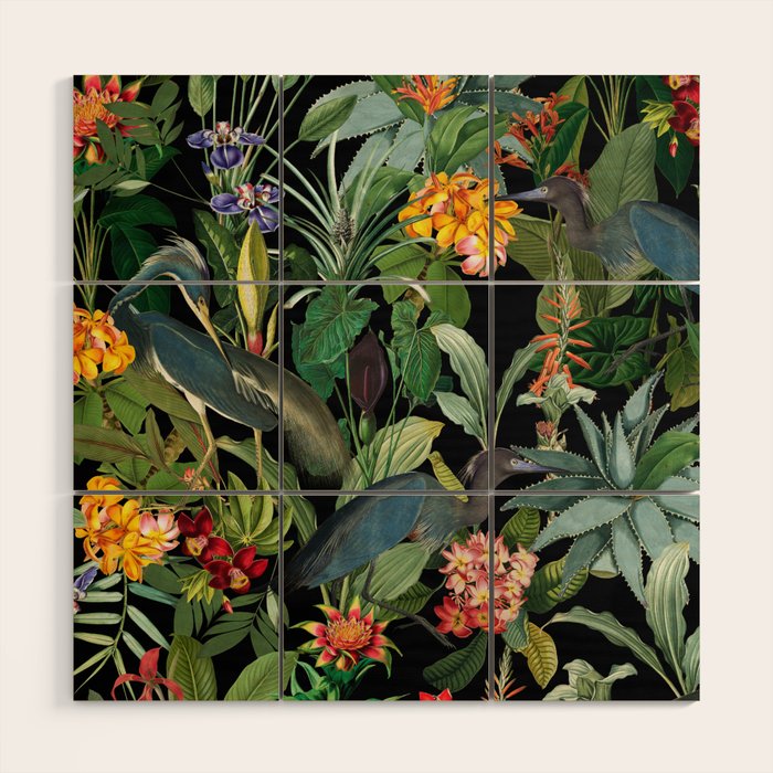 Vintage & Shabby Chic - Midnight Tropical Garden Blue Heron Wood Wall Art Gallery Image 1