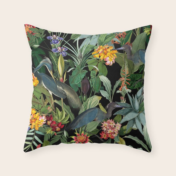 Vintage & Shabby Chic - Midnight Tropical Garden Blue Heron Throw Pillow Gallery Image 1