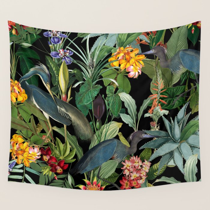 Vintage & Shabby Chic - Midnight Tropical Garden Blue Heron Wall Tapestry Gallery Image 4