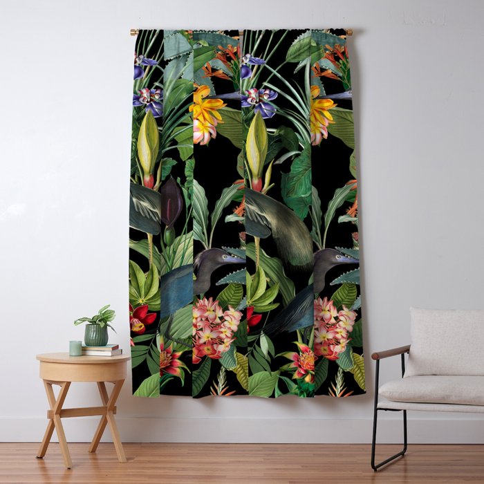 Vintage & Shabby Chic - Midnight Tropical Garden Blue Heron Window Curtain Gallery Image 1