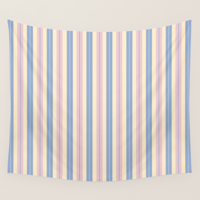 Cottage Stripes Double Stripe Pattern in Pastel Blue Pink Cream Wall Tapestry Gallery Image 4