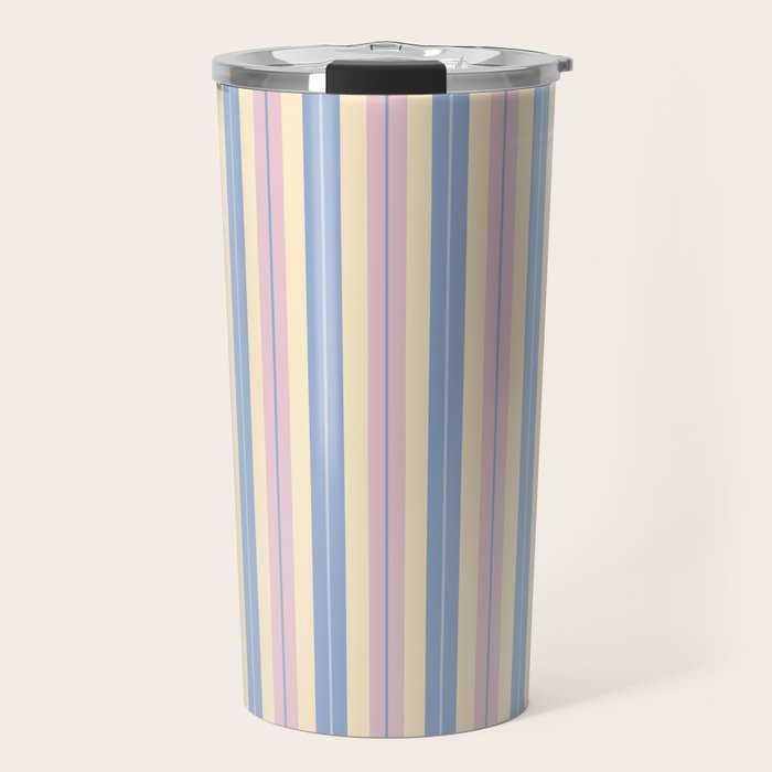 Cottage Stripes Double Stripe Pattern in Pastel Blue Pink Cream Travel Mug Gallery Image 1