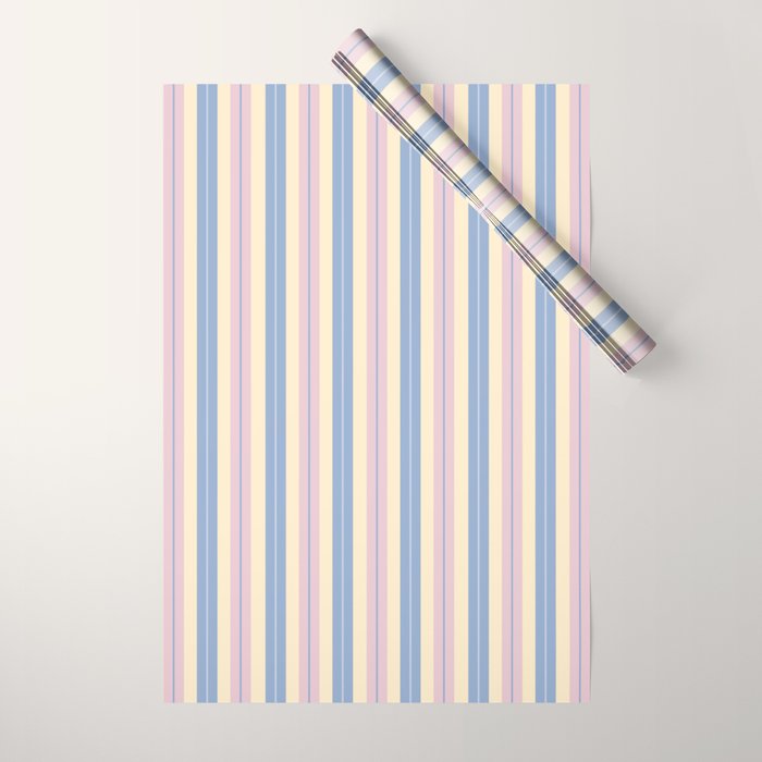 Cottage Stripes Double Stripe Pattern in Pastel Blue Pink Cream Wrapping Paper Gallery Image 1