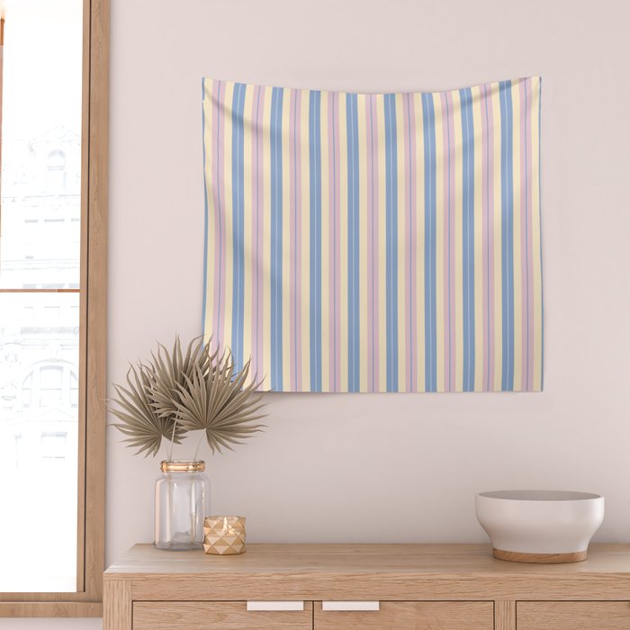 Cottage Stripes Double Stripe Pattern in Pastel Blue Pink Cream Wall Tapestry Gallery Image 2
