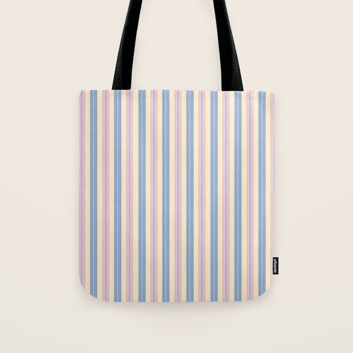 Cottage Stripes Double Stripe Pattern in Pastel Blue Pink Cream Tote Bag Gallery Image 1