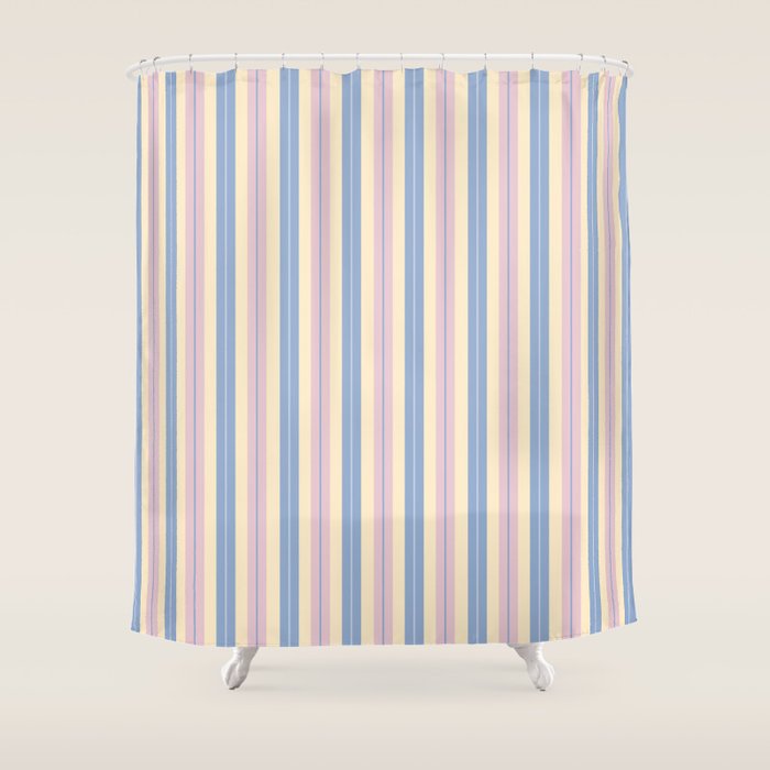Cottage Stripes Double Stripe Pattern in Pastel Blue Pink Cream Shower Curtain Gallery Image 1
