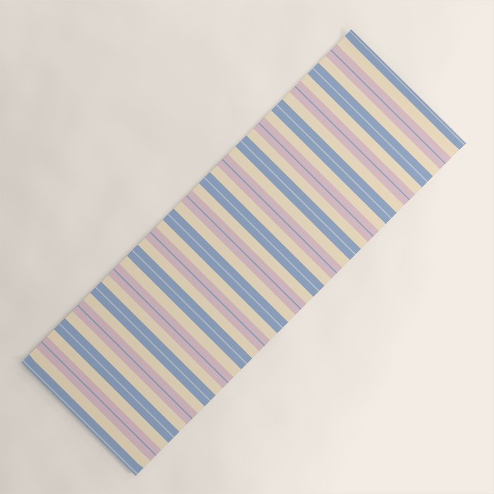 Cottage Stripes Double Stripe Pattern in Pastel Blue Pink Cream Yoga Mat Gallery Image 1