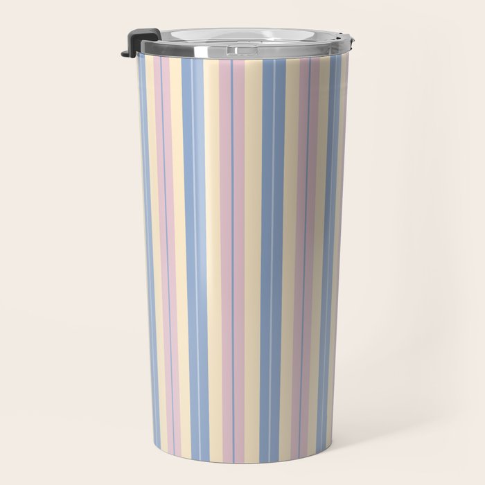 Cottage Stripes Double Stripe Pattern in Pastel Blue Pink Cream Travel Mug Gallery Image 3