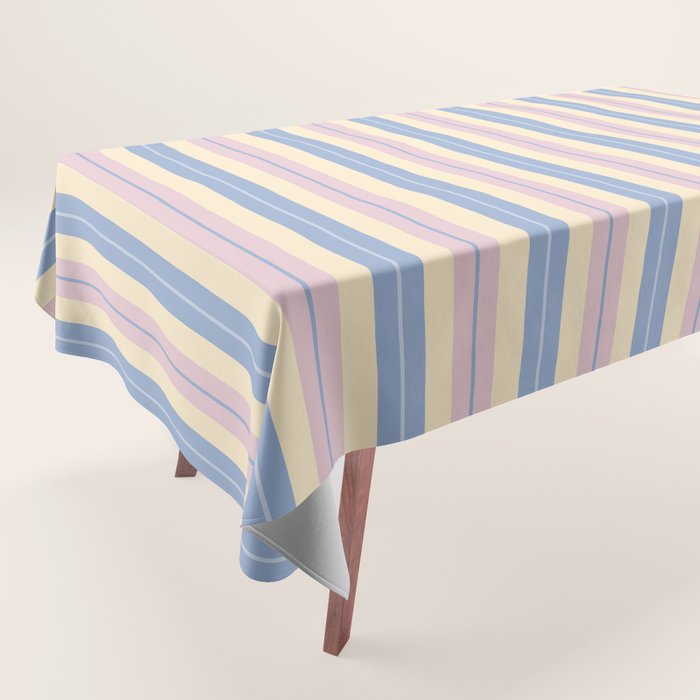 Cottage Stripes Double Stripe Pattern in Pastel Blue Pink Cream Tablecloth Gallery Image 1