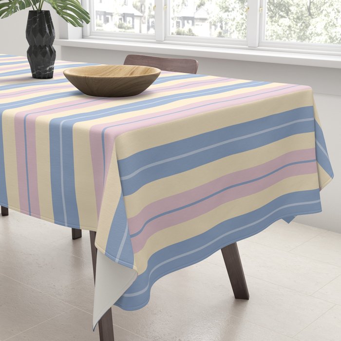 Cottage Stripes Double Stripe Pattern in Pastel Blue Pink Cream Tablecloth Gallery Image 3