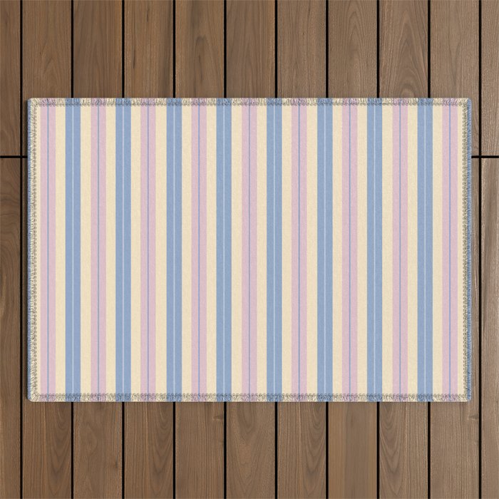 Cottage Stripes Double Stripe Pattern in Pastel Blue Pink Cream Outdoor Rug Gallery Image 1