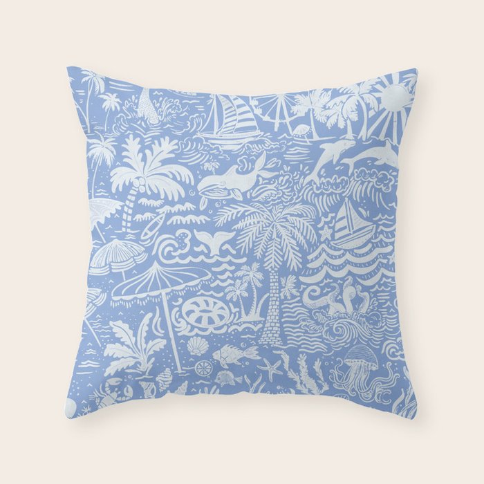 Coastal Daydreams Blue & White Ocean Collage Pattern Throw Pillow Gallery Image 1