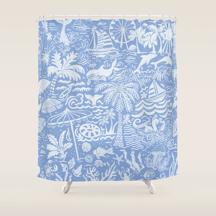 Coastal Daydreams Blue & White Ocean Collage Pattern Shower Curtain Gallery Image 1