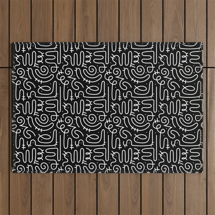 Abstract black and white line doodle pattern Outdoor Rug Gallery Image 1