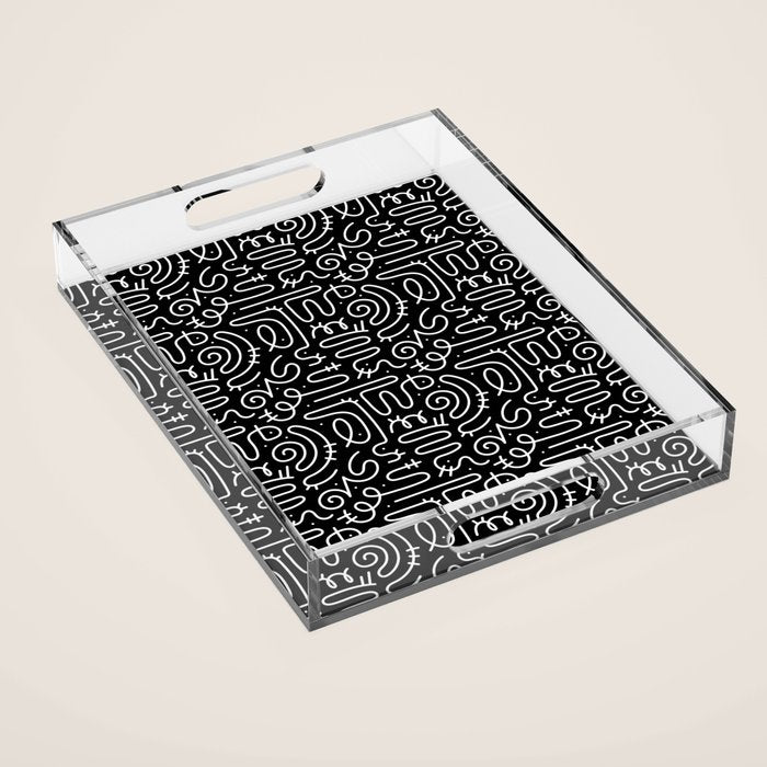 Abstract black and white line doodle pattern Acrylic Tray Gallery Image 1