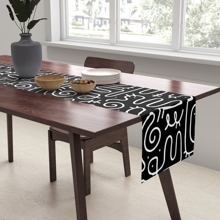 Abstract black and white line doodle pattern Table Runner Gallery Image 2