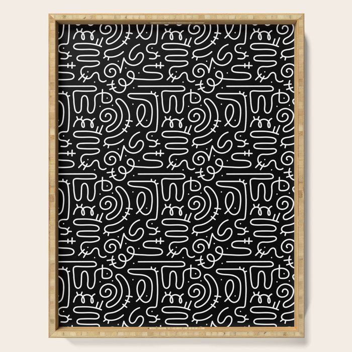 Abstract black and white line doodle pattern Serving Tray Gallery Image 1