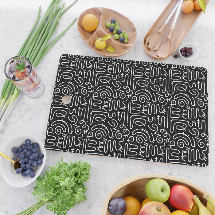Abstract black and white line doodle pattern Cutting Board Gallery Image 2