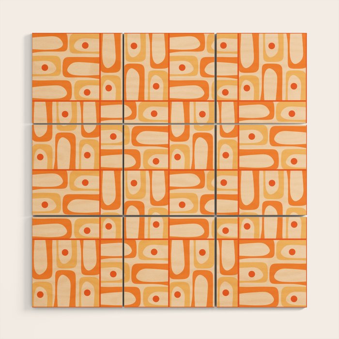 Mid Century Modern Piquet Abstract Multi Tiled Geometric Pattern in Tangerine Orange Tones Wood Wall Art Gallery Image 1