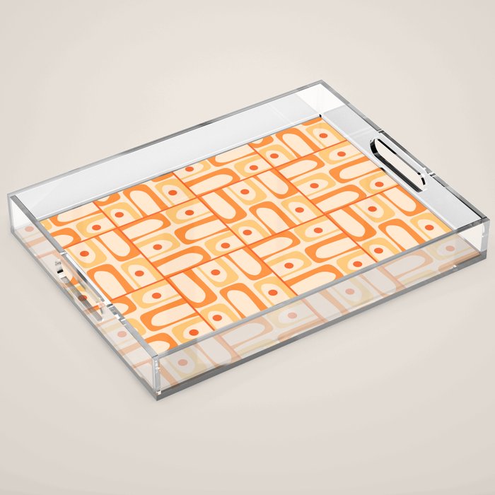 Mid Century Modern Piquet Abstract Multi Tiled Geometric Pattern in Tangerine Orange Tones Acrylic Tray Gallery Image 1