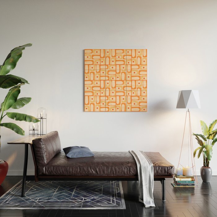 Mid Century Modern Piquet Abstract Multi Tiled Geometric Pattern in Tangerine Orange Tones Wood Wall Art Gallery Image 2