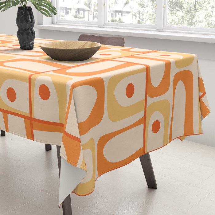Mid Century Modern Piquet Abstract Multi Tiled Geometric Pattern in Tangerine Orange Tones Tablecloth Gallery Image 3