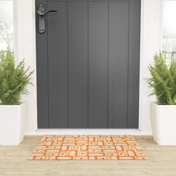 Mid Century Modern Piquet Abstract Multi Tiled Geometric Pattern in Tangerine Orange Tones Welcome Mat Gallery Image 3