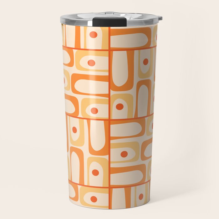 Mid Century Modern Piquet Abstract Multi Tiled Geometric Pattern in Tangerine Orange Tones Travel Mug Gallery Image 1