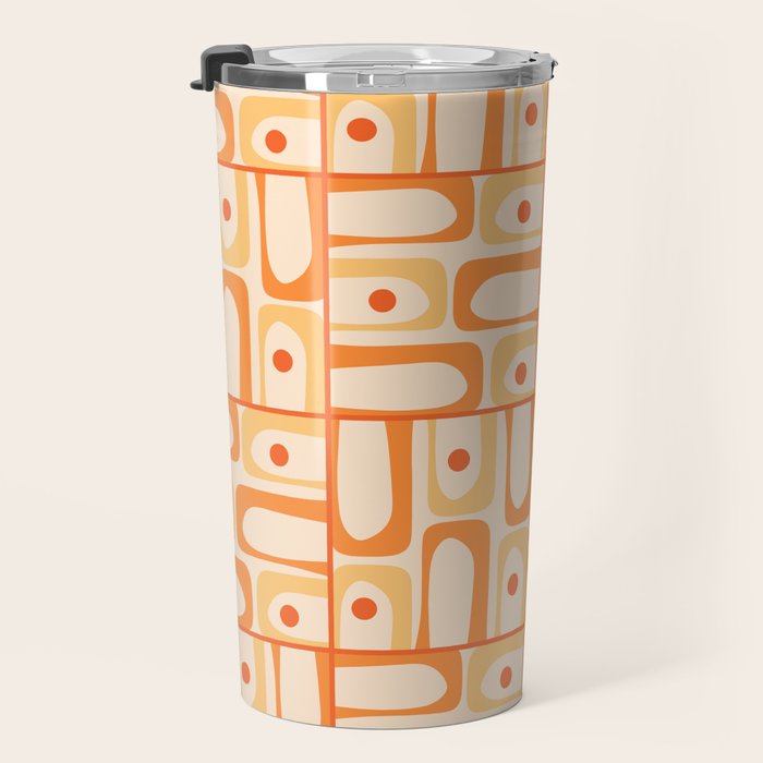 Mid Century Modern Piquet Abstract Multi Tiled Geometric Pattern in Tangerine Orange Tones Travel Mug Gallery Image 3