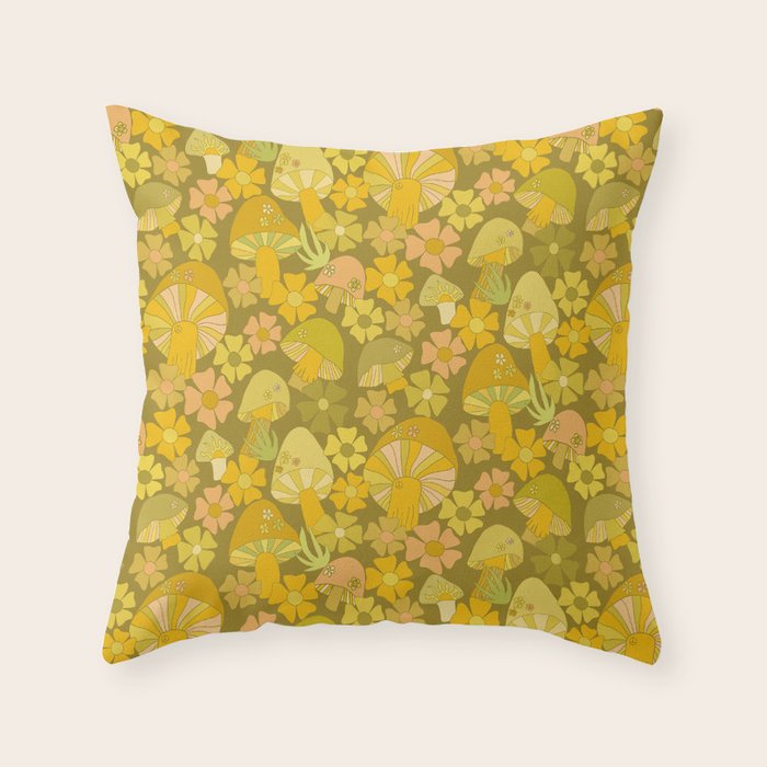 retro mushroom flower power pattern by surfy birdy Throw Pillow Gallery Image 1
