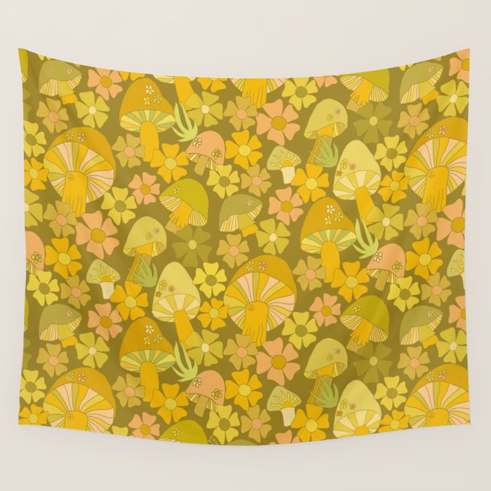 retro mushroom flower power pattern by surfy birdy Wall Tapestry Gallery Image 1
