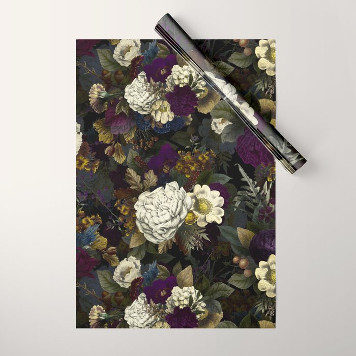 Dutch Vintage Midnight Flower Garden  Wrapping Paper Gallery Image 1